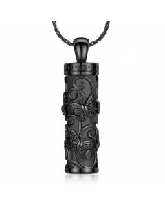 Butterfly Cylinder - Black Stainless Steel Cremation Ashes Urn Jewellery Pendant