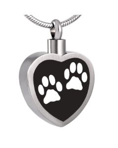 Black Inlay Double Paw Heart - Stainless Steel Pet Ashes Memorial Urn Pendant