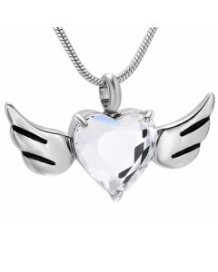 Crystal Wing Heart -Stainless Steel Cremation Ashes Jewellery Urn Pendant