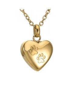 Double Pet Paw Heart - Yellow Gold Stainless Steel Cremation Ashes Memorial Pendant