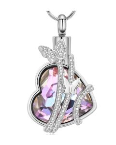 Iridescent Butterfly Pink Heart - Stainless Steel Cremation Ashes Jewellery Urn Pendant