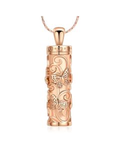 Butterfly Cylinder - Rose Gold Stainless Steel Cremation Ashes Urn Jewellery Pendant