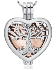 Tree of Life Heart Locket - Silver & Rose Gold Stainless Steel Cremation Ashes Jewellery Urn Pendant